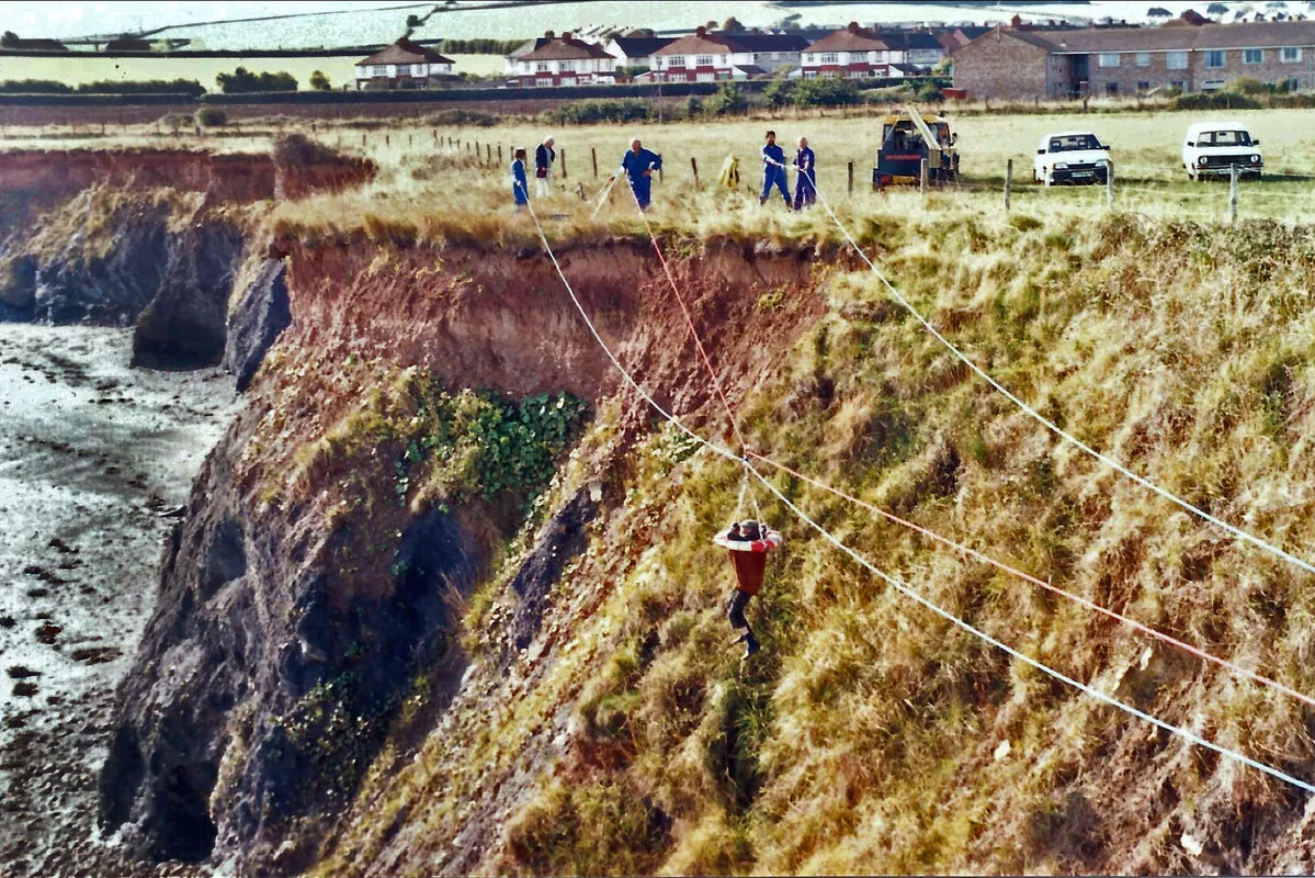 Watchet Coastguard team in training with the Breeches Buoy in the 1990s. Credit Simon Bale