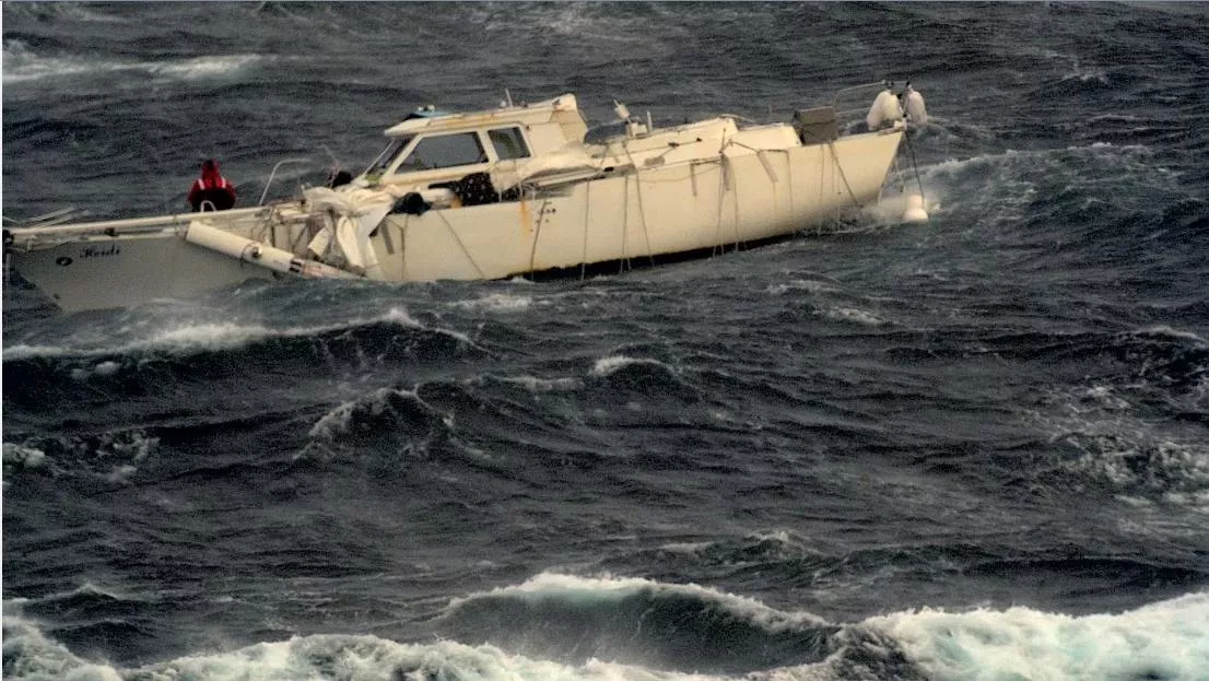 A stricken sailing yacht in the Atlantic Ocean during Storm Ciarán